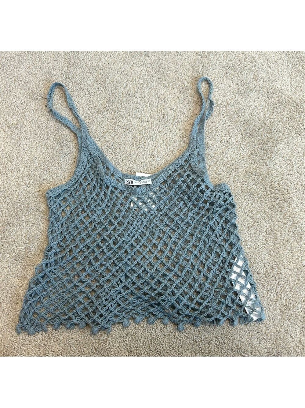 Zara blue crochet knit spaghetti strap tank top slightly cropped NWT